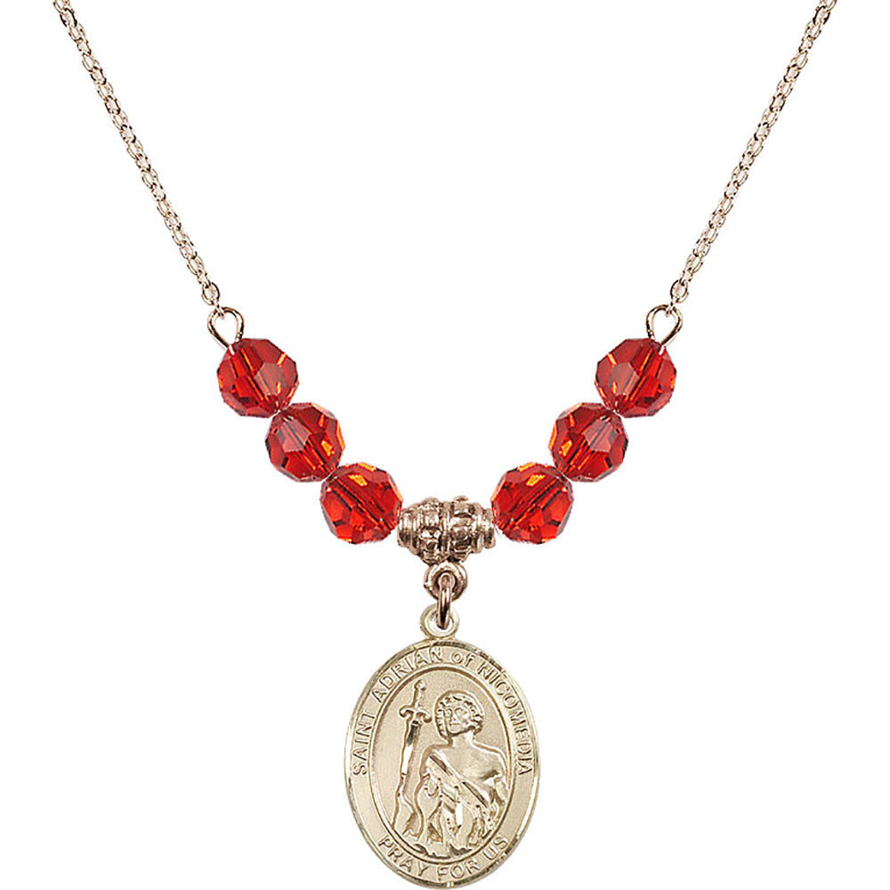 14kt Gold Filled Saint Adrian of Nicomedia Birthstone Necklace with Ruby Beads - 8353