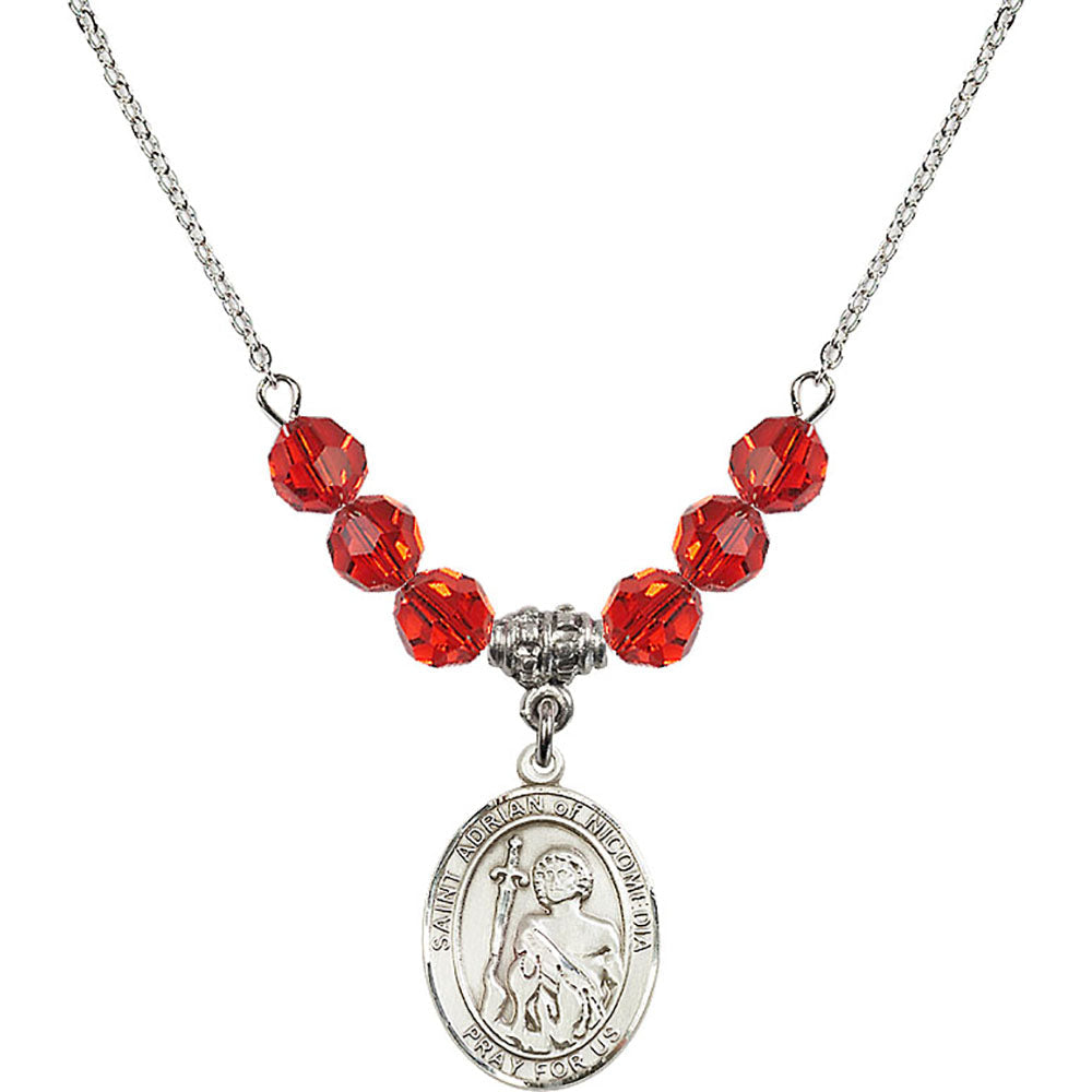 Sterling Silver Saint Adrian of Nicomedia Birthstone Necklace with Ruby Beads - 8353