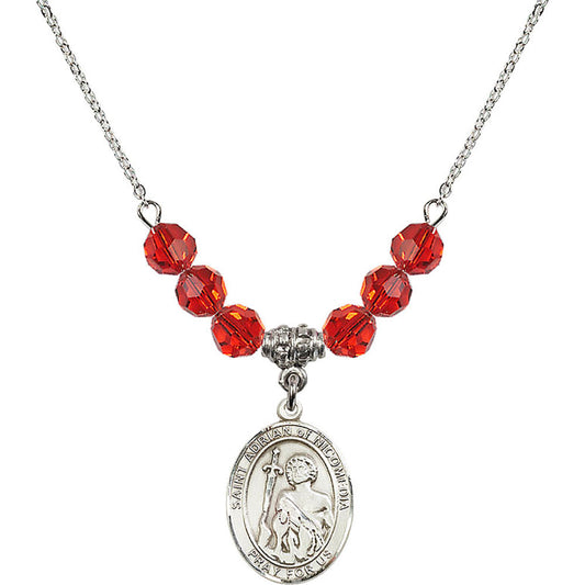 Sterling Silver Saint Adrian of Nicomedia Birthstone Necklace with Ruby Beads - 8353