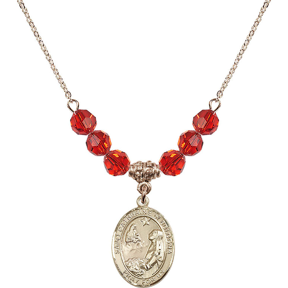 14kt Gold Filled Saint Catherine of Bologna Birthstone Necklace with Ruby Beads - 8354