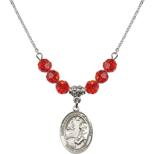 Sterling Silver Saint Catherine of Bologna Birthstone Necklace with Ruby Beads - 8354
