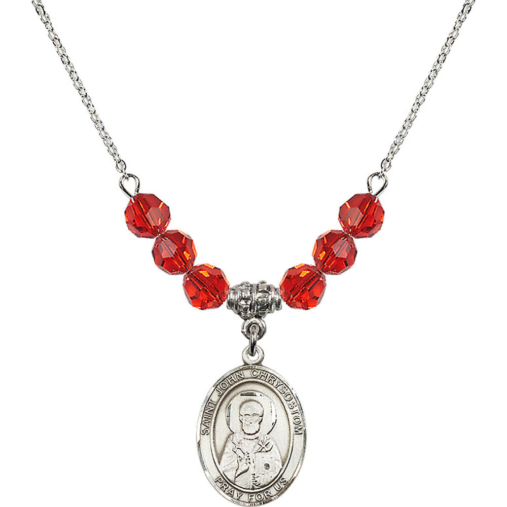 Sterling Silver Saint John Chrysostom Birthstone Necklace with Ruby Beads - 8357