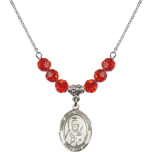 Sterling Silver Saint John Chrysostom Birthstone Necklace with Ruby Beads - 8357