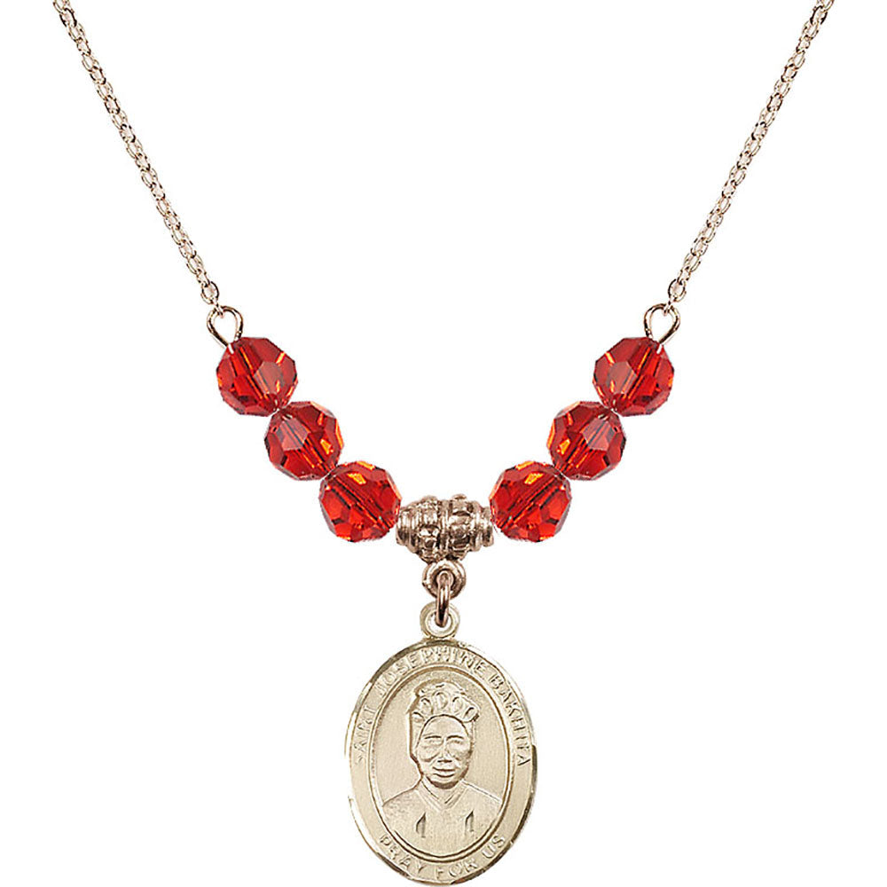 14kt Gold Filled Saint Josephine Bakhita Birthstone Necklace with Ruby Beads - 8360