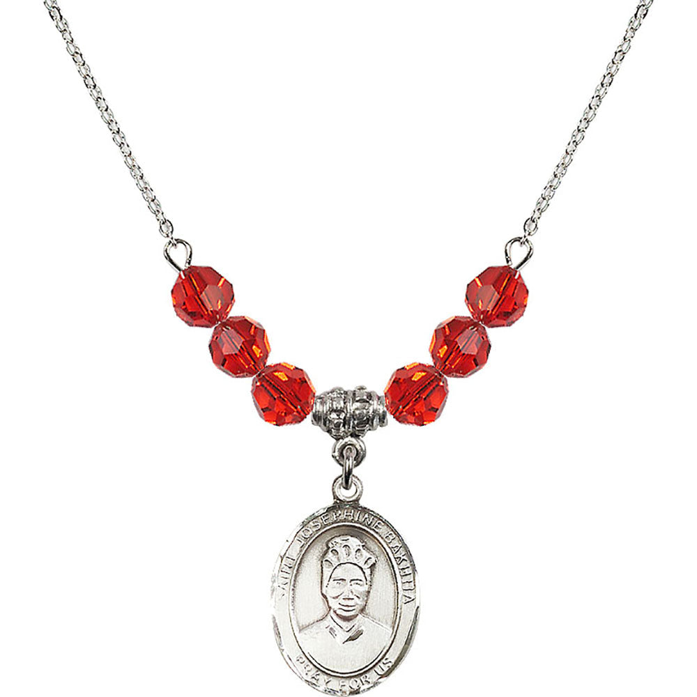 Sterling Silver Saint Josephine Bakhita Birthstone Necklace with Ruby Beads - 8360