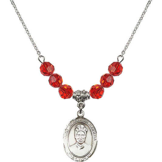 Sterling Silver Saint Josephine Bakhita Birthstone Necklace with Ruby Beads - 8360