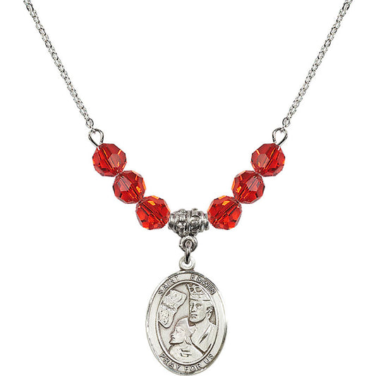 Sterling Silver Saint Edwin Birthstone Necklace with Ruby Beads - 8361