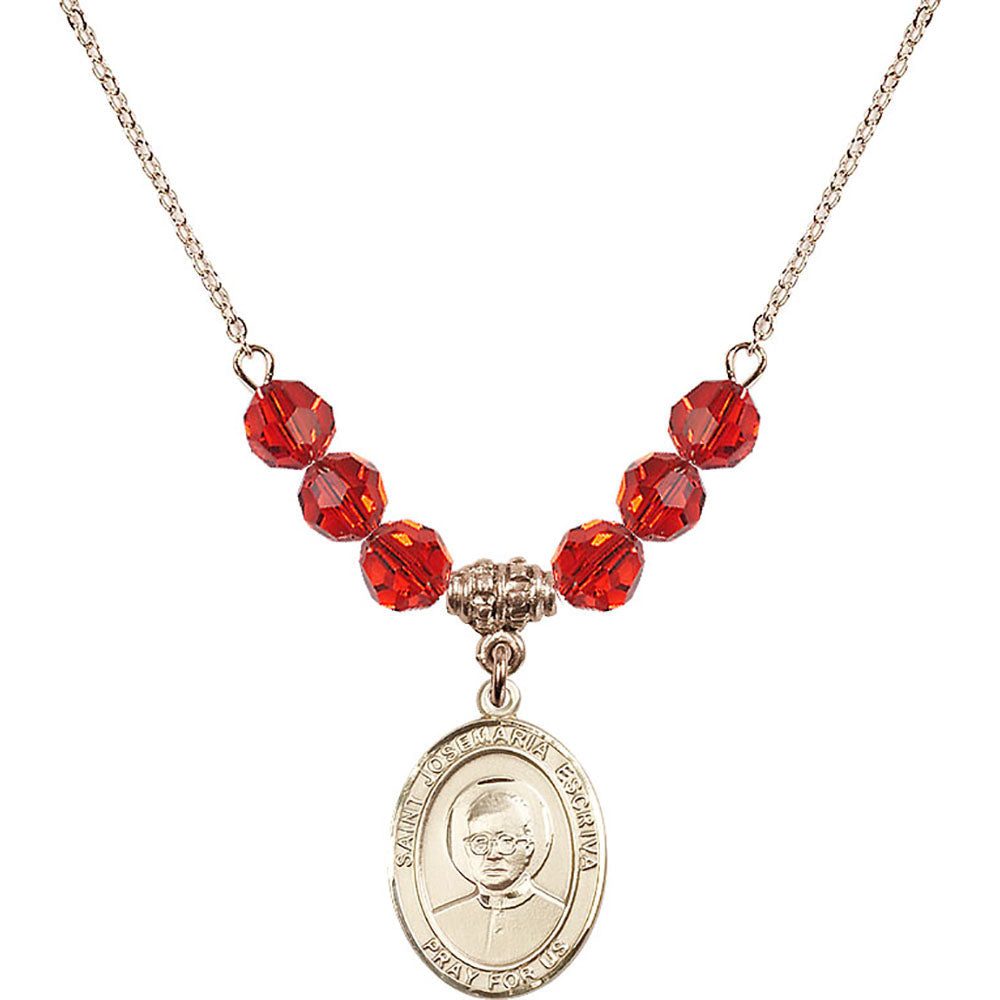 14kt Gold Filled Saint Josemaria Escriva Birthstone Necklace with Ruby Beads - 8362