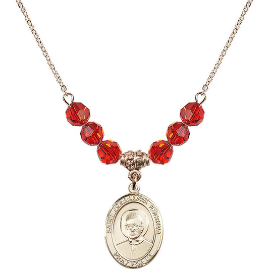 14kt Gold Filled Saint Josemaria Escriva Birthstone Necklace with Ruby Beads - 8362