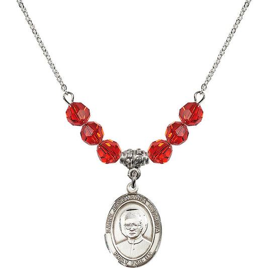 Sterling Silver Saint Josemaria Escriva Birthstone Necklace with Ruby Beads - 8362