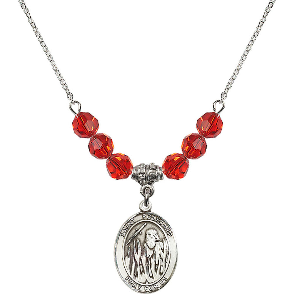 Sterling Silver Saint Polycarp of Smyrna Birthstone Necklace with Ruby Beads - 8363