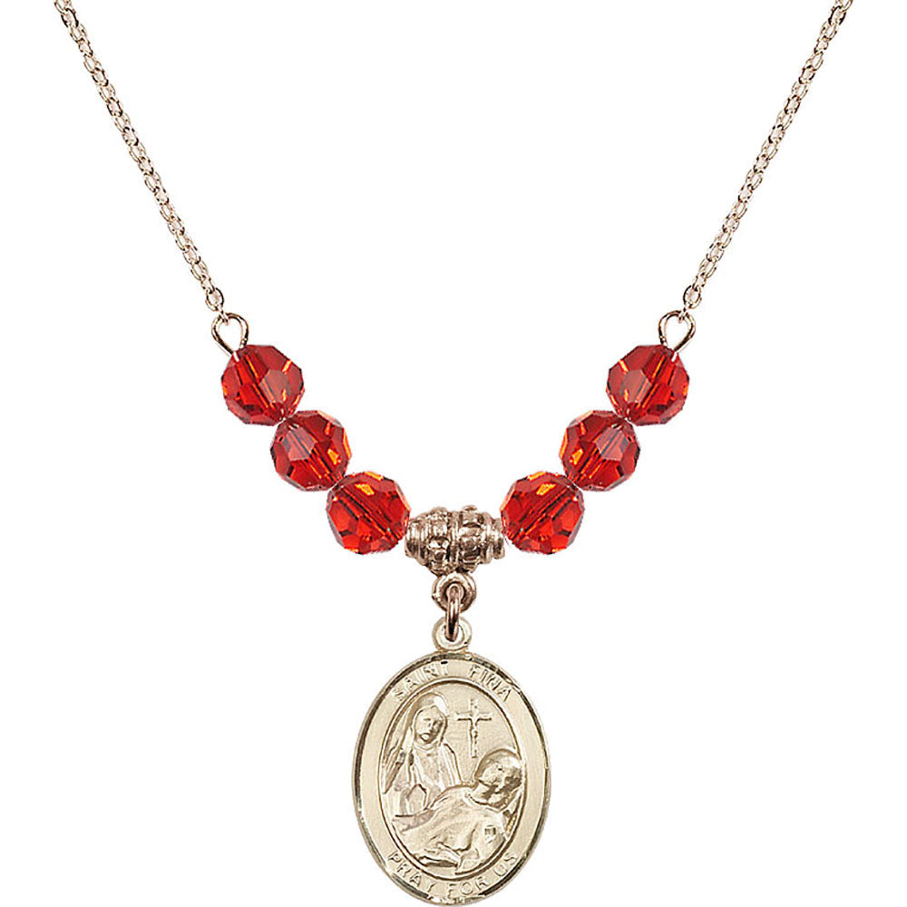 14kt Gold Filled Saint Fina Birthstone Necklace with Ruby Beads - 8364
