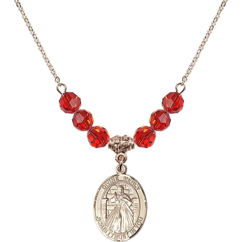 14kt Gold Filled Divine Mercy Birthstone Necklace with Ruby Beads - 8366