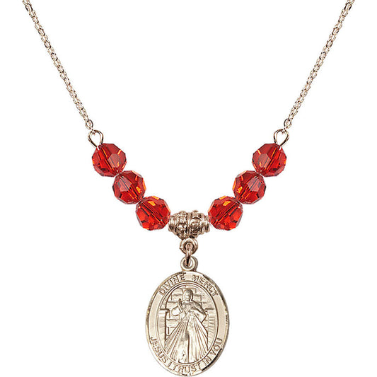 14kt Gold Filled Divine Mercy Birthstone Necklace with Ruby Beads - 8366