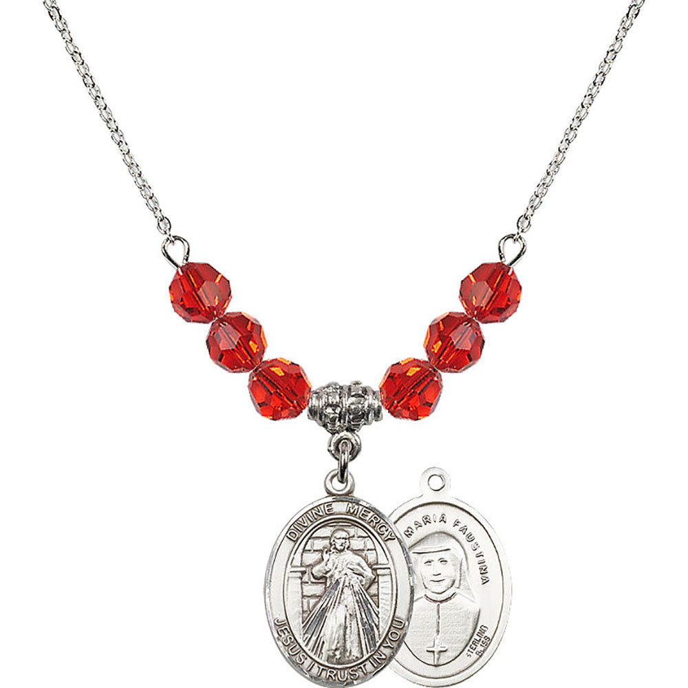 Sterling Silver Divine Mercy Birthstone Necklace with Ruby Beads - 8366