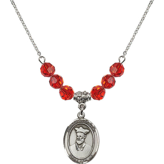 Sterling Silver Saint Philip Neri Birthstone Necklace with Ruby Beads - 8369