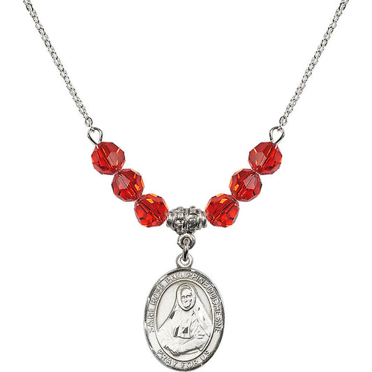 Sterling Silver Saint Rose Philippine Duchesne Birthstone Necklace with Ruby Beads - 8371
