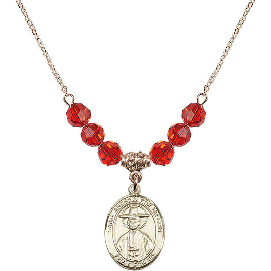 14kt Gold Filled Saint Andrew Kim Taegon Birthstone Necklace with Ruby Beads - 8373