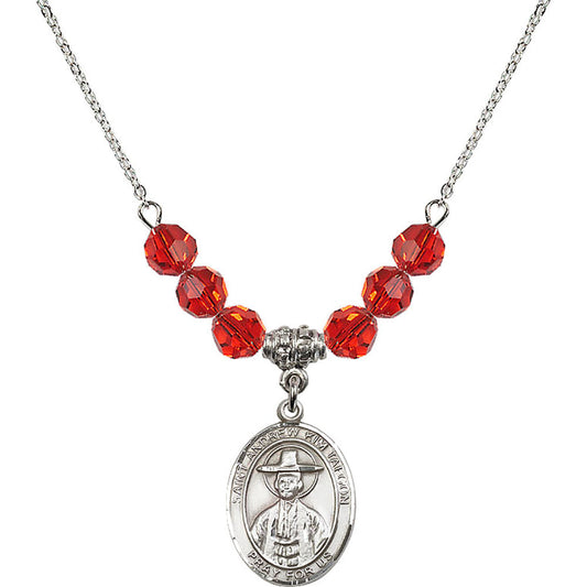 Sterling Silver Saint Andrew Kim Taegon Birthstone Necklace with Ruby Beads - 8373
