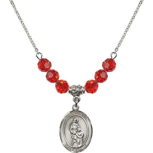 Sterling Silver Saint Anne Birthstone Necklace with Ruby Beads - 8374