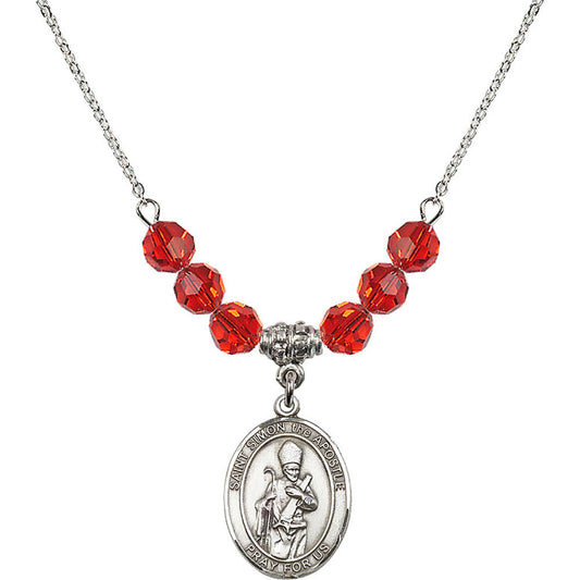 Sterling Silver Saint Simon the Apostle Birthstone Necklace with Ruby Beads - 8375