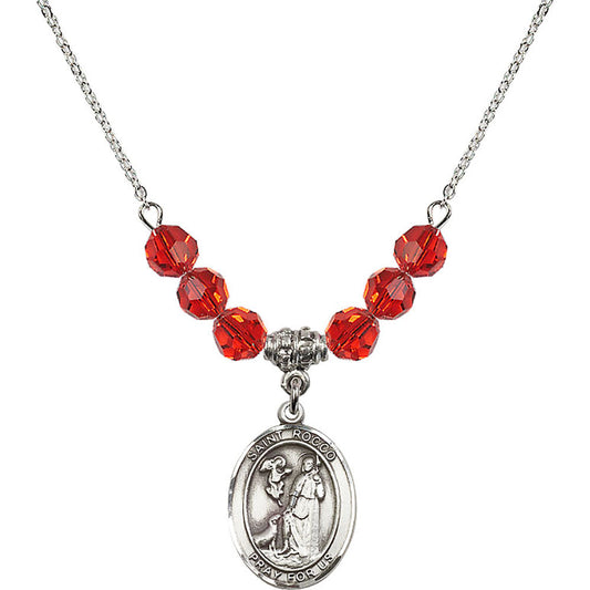 Sterling Silver Saint Rocco Birthstone Necklace with Ruby Beads - 8377