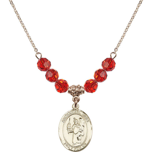 14kt Gold Filled Saint Uriel the Archangel Birthstone Necklace with Ruby Beads - 8378
