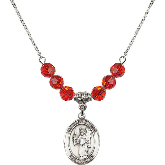 Sterling Silver Saint Uriel the Archangel Birthstone Necklace with Ruby Beads - 8378