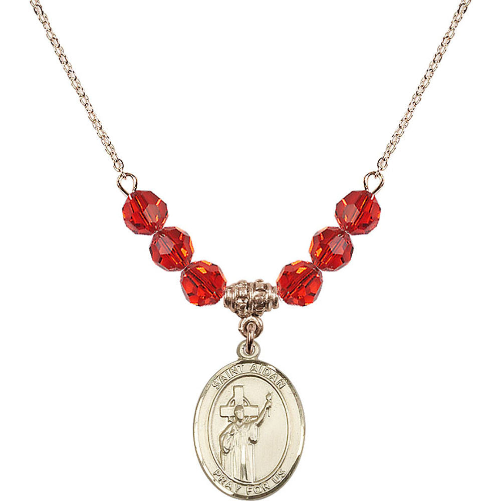 14kt Gold Filled Saint Aidan of Lindesfarne Birthstone Necklace with Ruby Beads - 8381