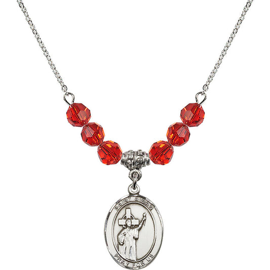 Sterling Silver Saint Aidan of Lindesfarne Birthstone Necklace with Ruby Beads - 8381