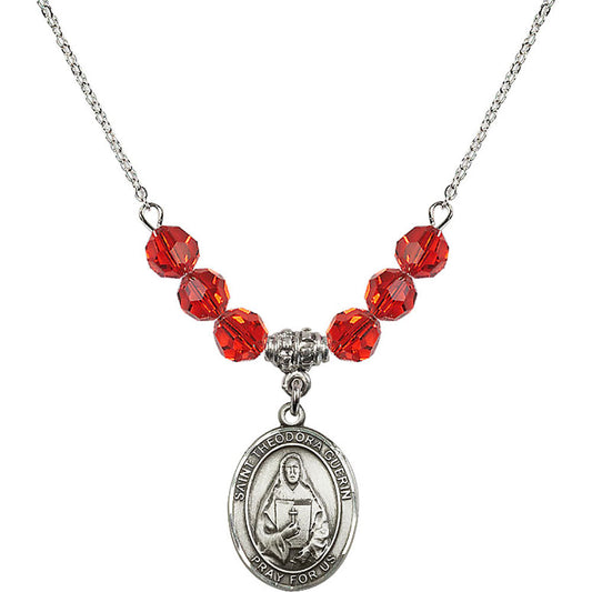 Sterling Silver Saint Theodora Birthstone Necklace with Ruby Beads - 8382