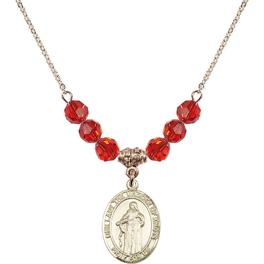 14kt Gold Filled Our Lady the Undoer of Knots Birthstone Necklace with Ruby Beads - 8383