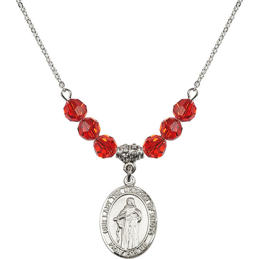 Sterling Silver Our Lady the Undoer of Knots Birthstone Necklace with Ruby Beads - 8383