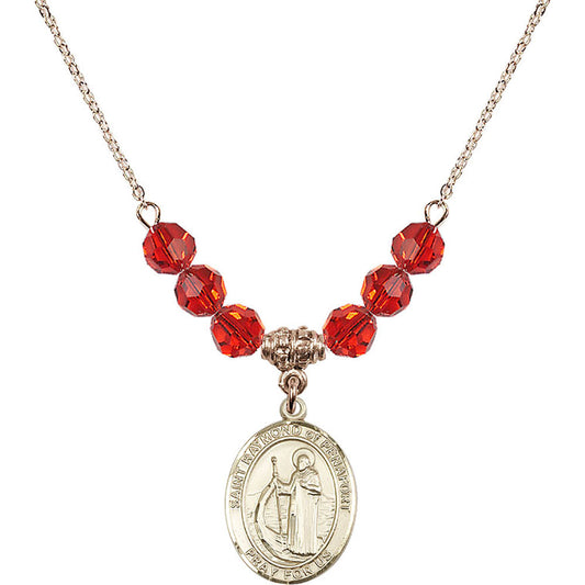 14kt Gold Filled Saint Raymond of Penafort Birthstone Necklace with Ruby Beads - 8385