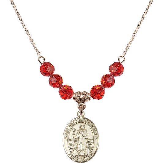 14kt Gold Filled Saint Bernadine of Sienna Birthstone Necklace with Ruby Beads - 8387