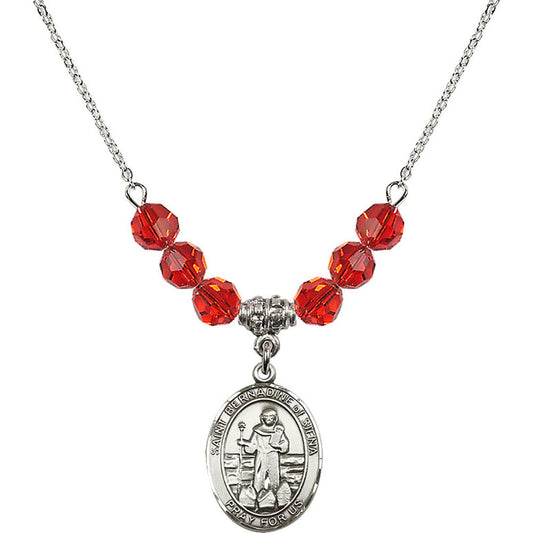 Sterling Silver Saint Bernadine of Sienna Birthstone Necklace with Ruby Beads - 8387