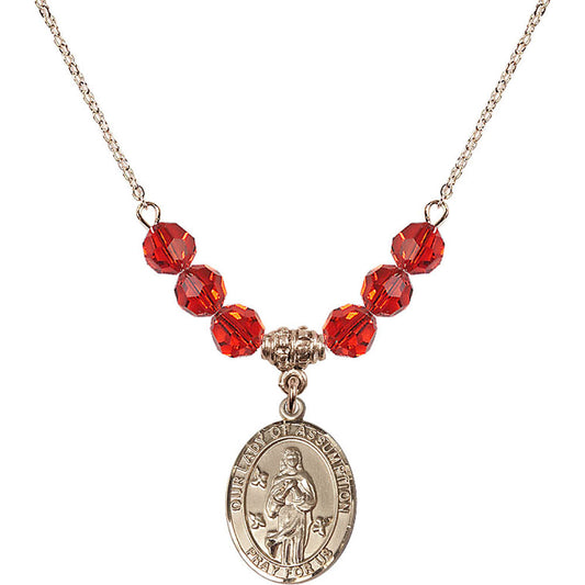 14kt Gold Filled Our Lady of Assumption Birthstone Necklace with Ruby Beads - 8388