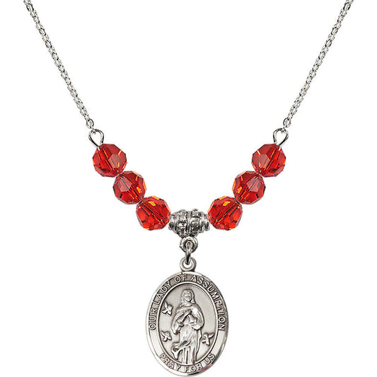 Sterling Silver Our Lady of Assumption Birthstone Necklace with Ruby Beads - 8388