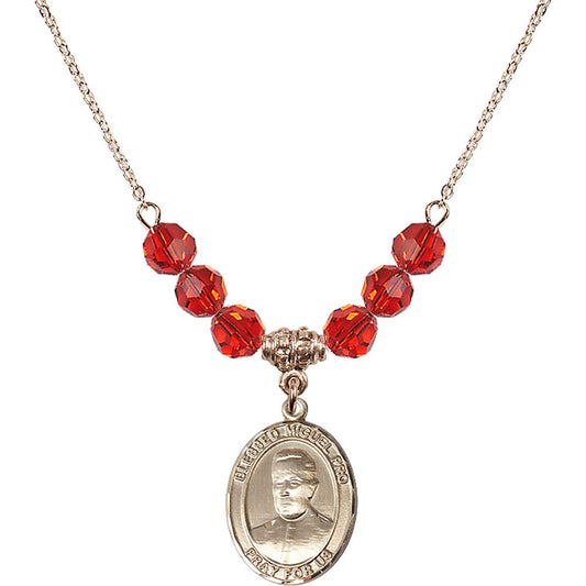 14kt Gold Filled Blessed Miguel Pro Birthstone Necklace with Ruby Beads - 8389