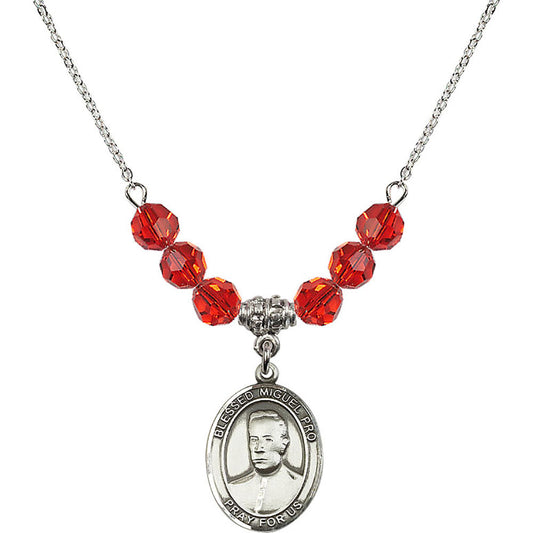 Sterling Silver Blessed Miguel Pro Birthstone Necklace with Ruby Beads - 8389
