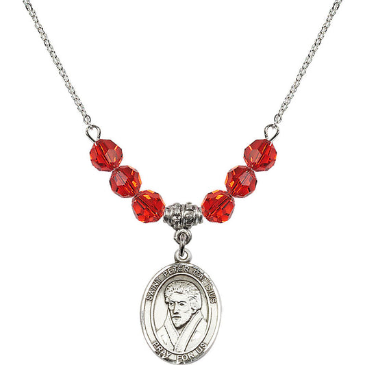 Sterling Silver Saint Peter Canisius Birthstone Necklace with Ruby Beads - 8393