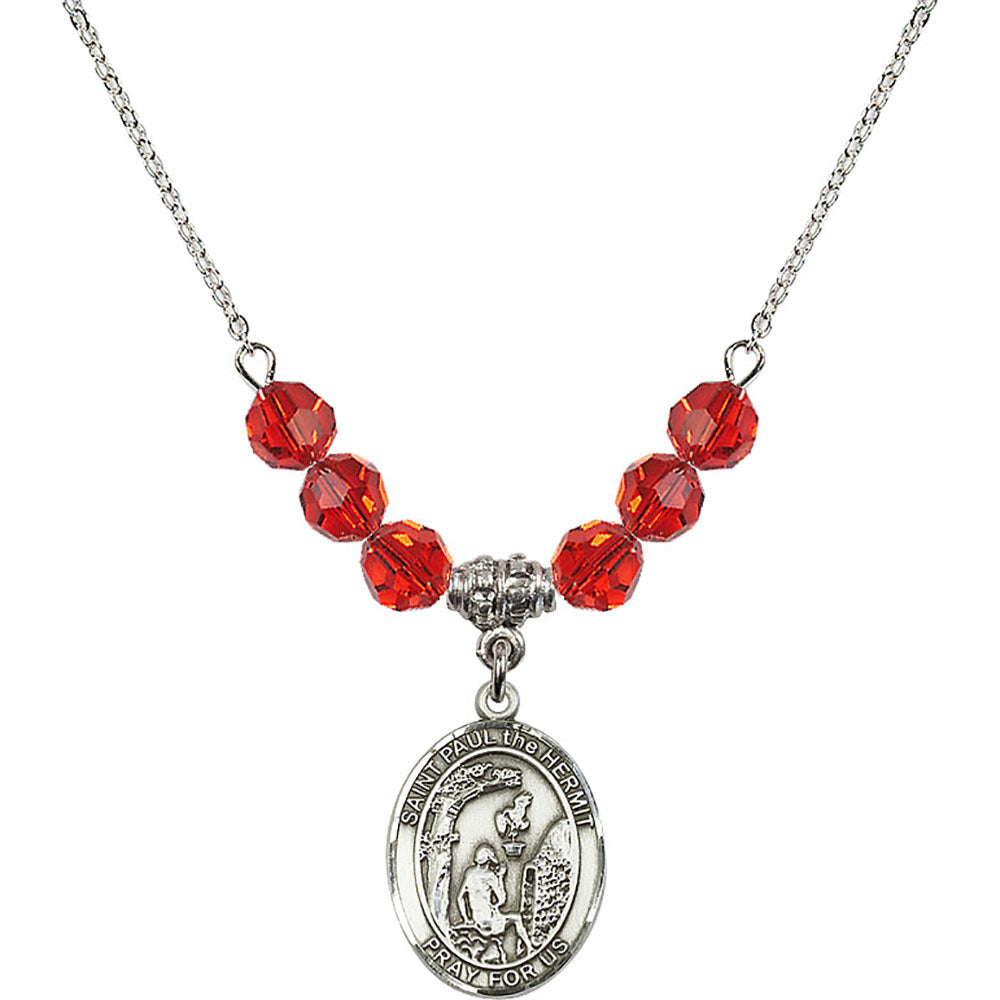 Sterling Silver Saint Paul the Hermit Birthstone Necklace with Ruby Beads - 8394