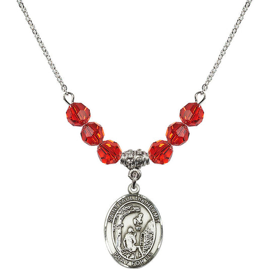 Sterling Silver Saint Paul the Hermit Birthstone Necklace with Ruby Beads - 8394