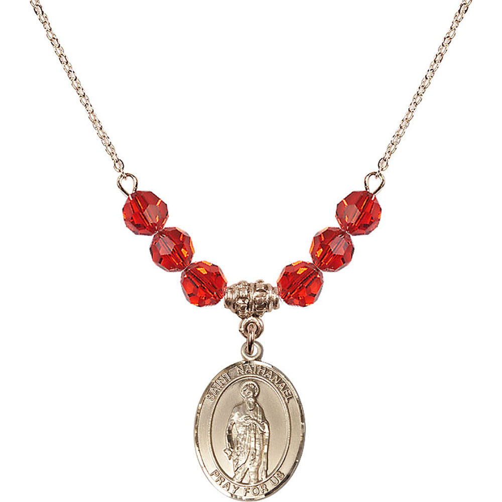 14kt Gold Filled Saint Nathanael Birthstone Necklace with Ruby Beads - 8398