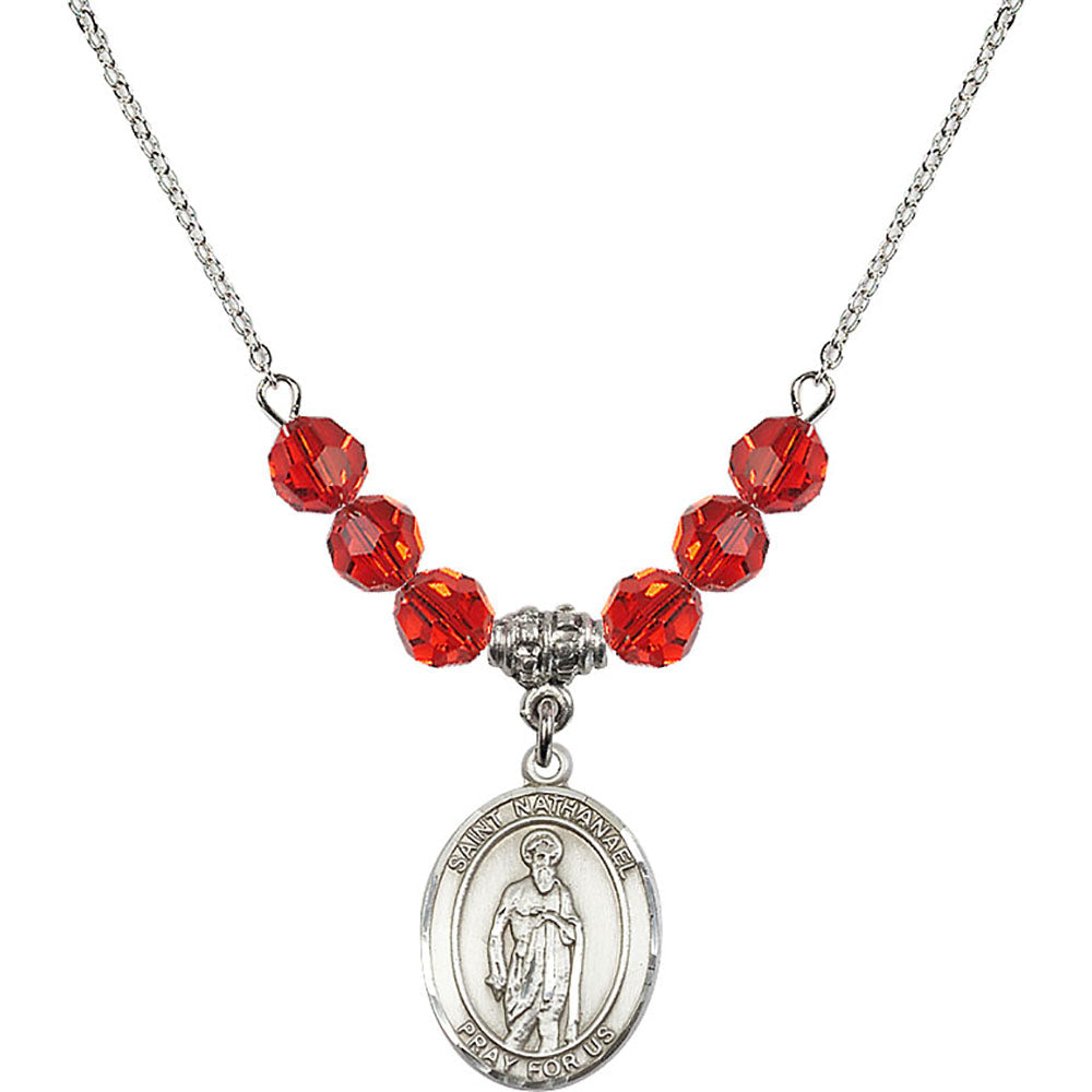 Sterling Silver Saint Nathanael Birthstone Necklace with Ruby Beads - 8398