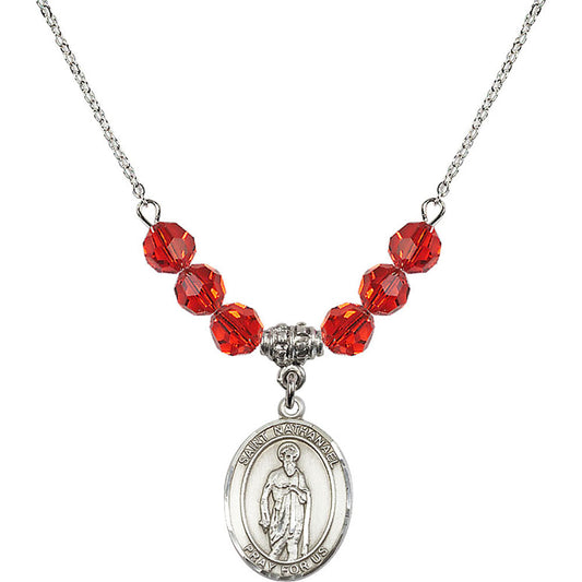 Sterling Silver Saint Nathanael Birthstone Necklace with Ruby Beads - 8398