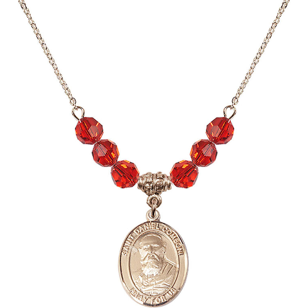 14kt Gold Filled Saint Daniel Comboni Birthstone Necklace with Ruby Beads - 8400
