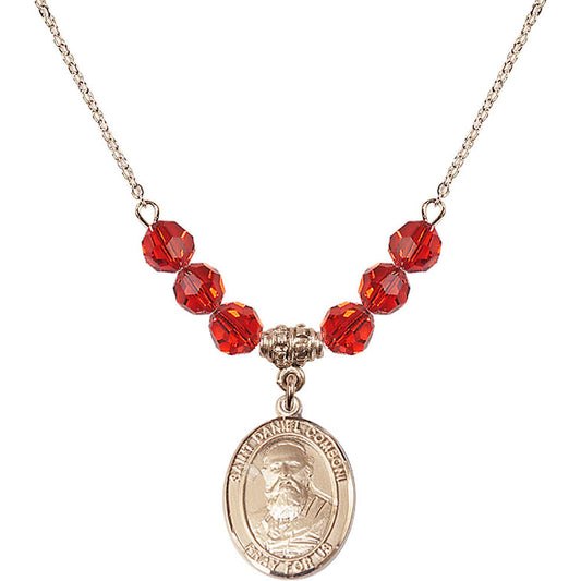 14kt Gold Filled Saint Daniel Comboni Birthstone Necklace with Ruby Beads - 8400