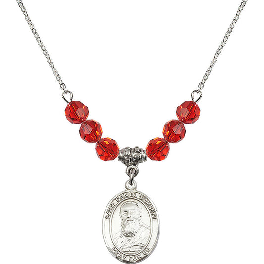 Sterling Silver Saint Daniel Comboni Birthstone Necklace with Ruby Beads - 8400