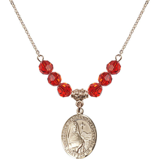 14kt Gold Filled Saint Jeanne Chezard de Matel Birthstone Necklace with Ruby Beads - 8401